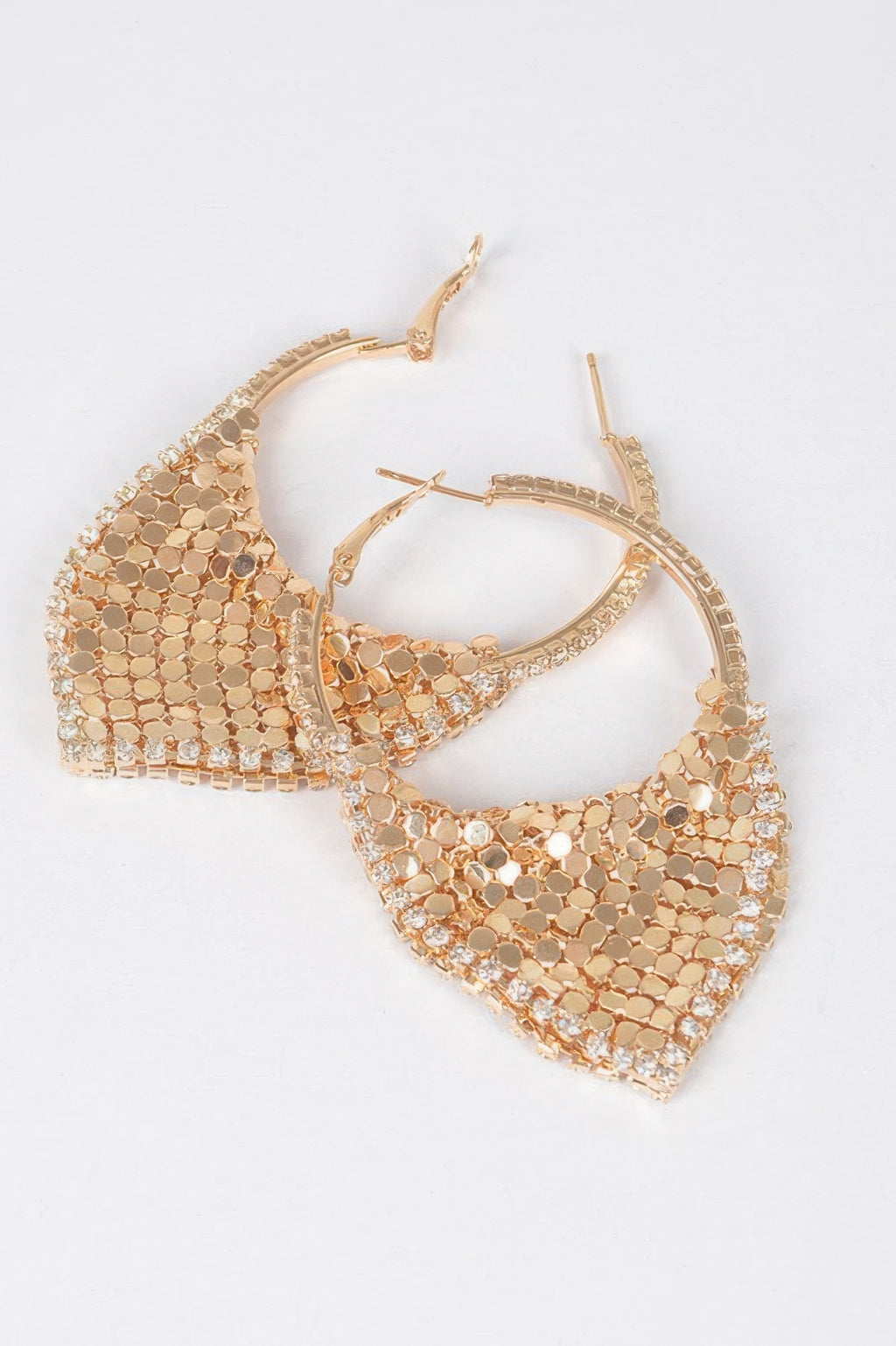Gold-tone linked metal earrings with hoop frame and textured mesh triangle drops