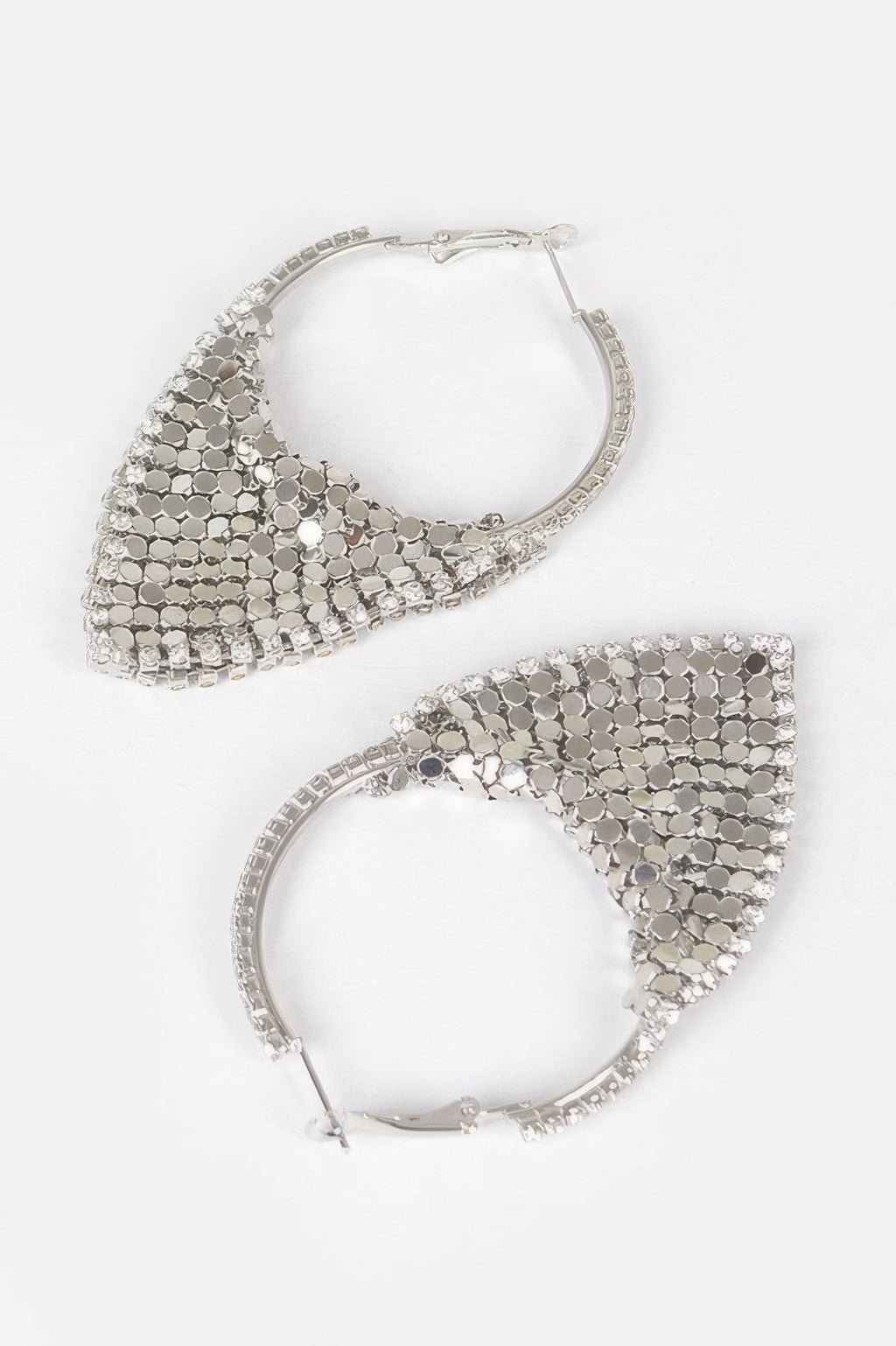 Silver-tone linked metal hoop earrings with mesh triangle design and clasp hooks