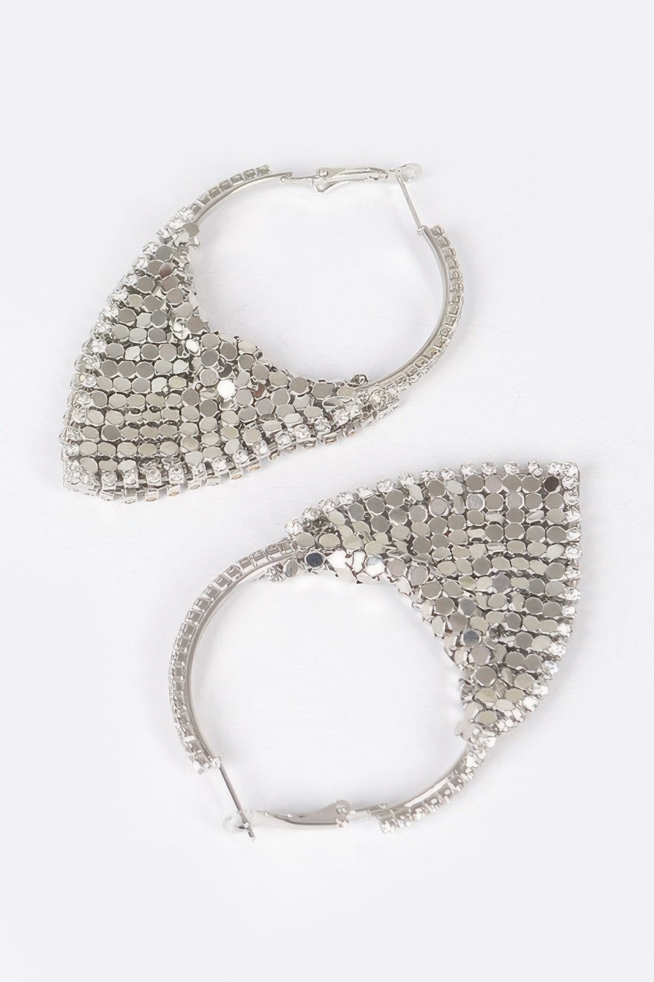 Silver-tone linked metal hoop earrings with mesh triangle design and clasp hooks