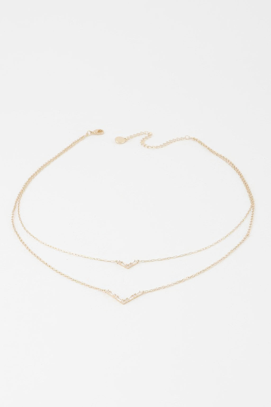 Double Crystal V necklace, gold-tone two-layer V pendant with clear stones