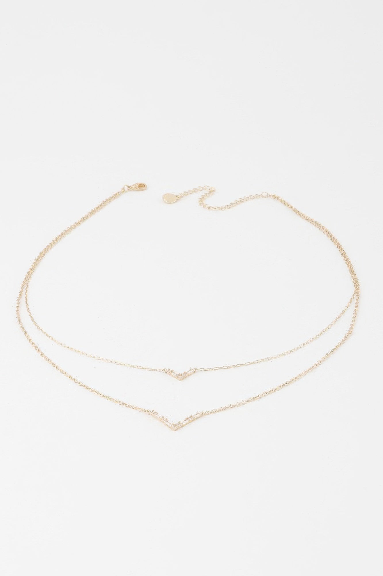 Double Crystal V necklace, gold-tone two-layer V pendant with clear stones