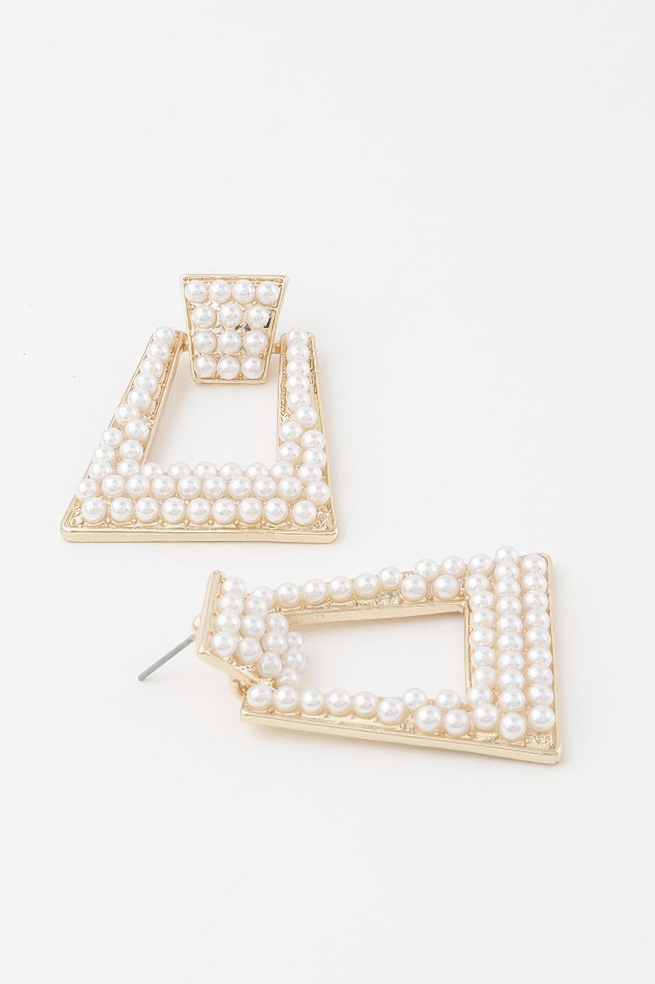 Gold-tone rhinestone & pearl earrings, A-shape with stud post and clasp visible