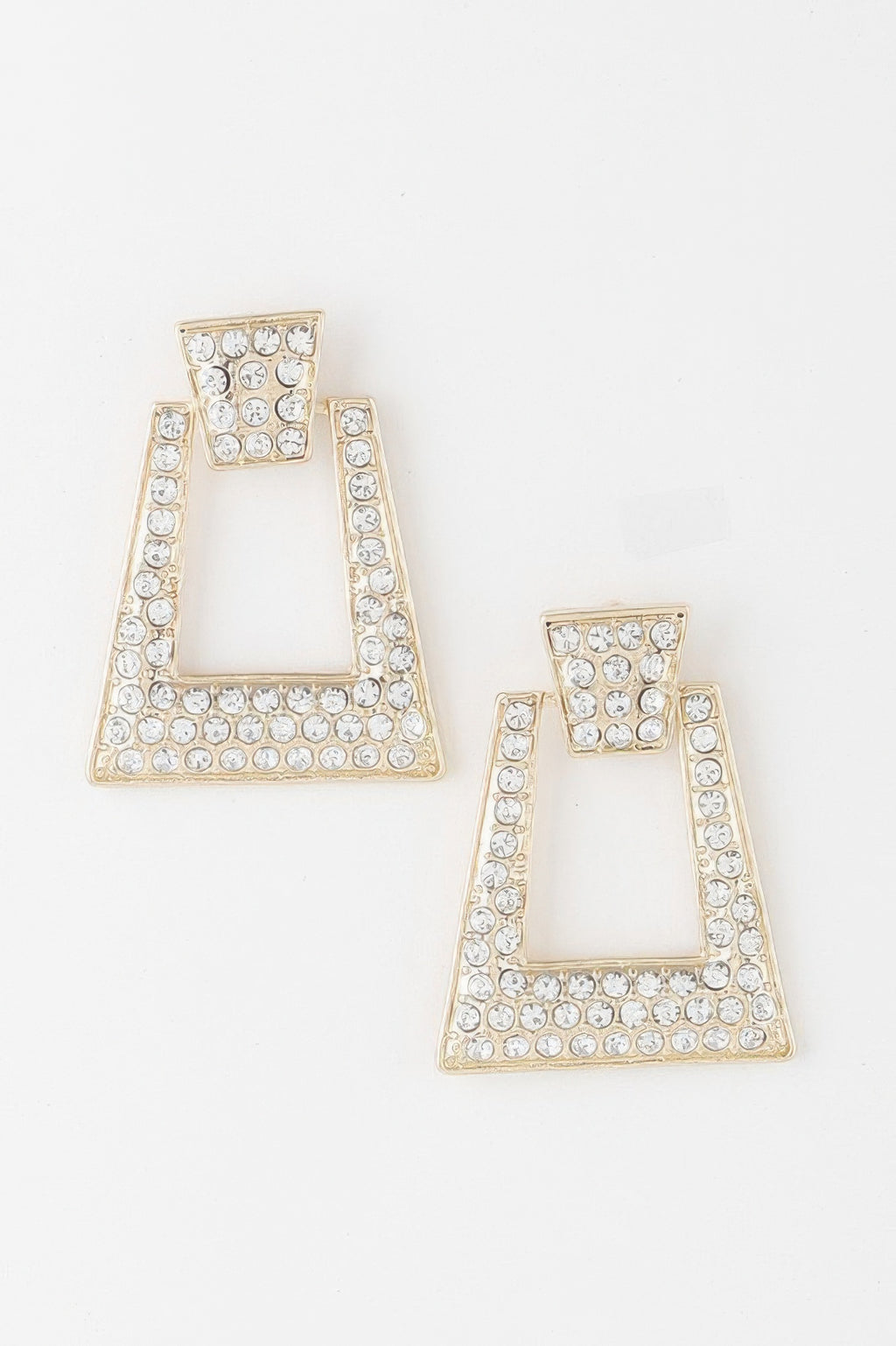 Pair of A-shaped rhinestone earrings with round stones and pearl accents