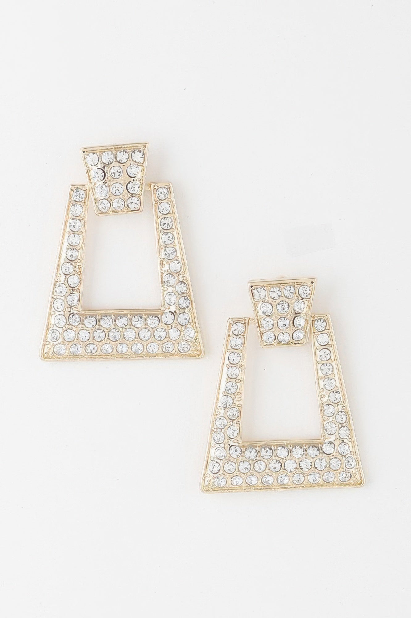 Pair of A-shaped rhinestone earrings with round stones and pearl accents