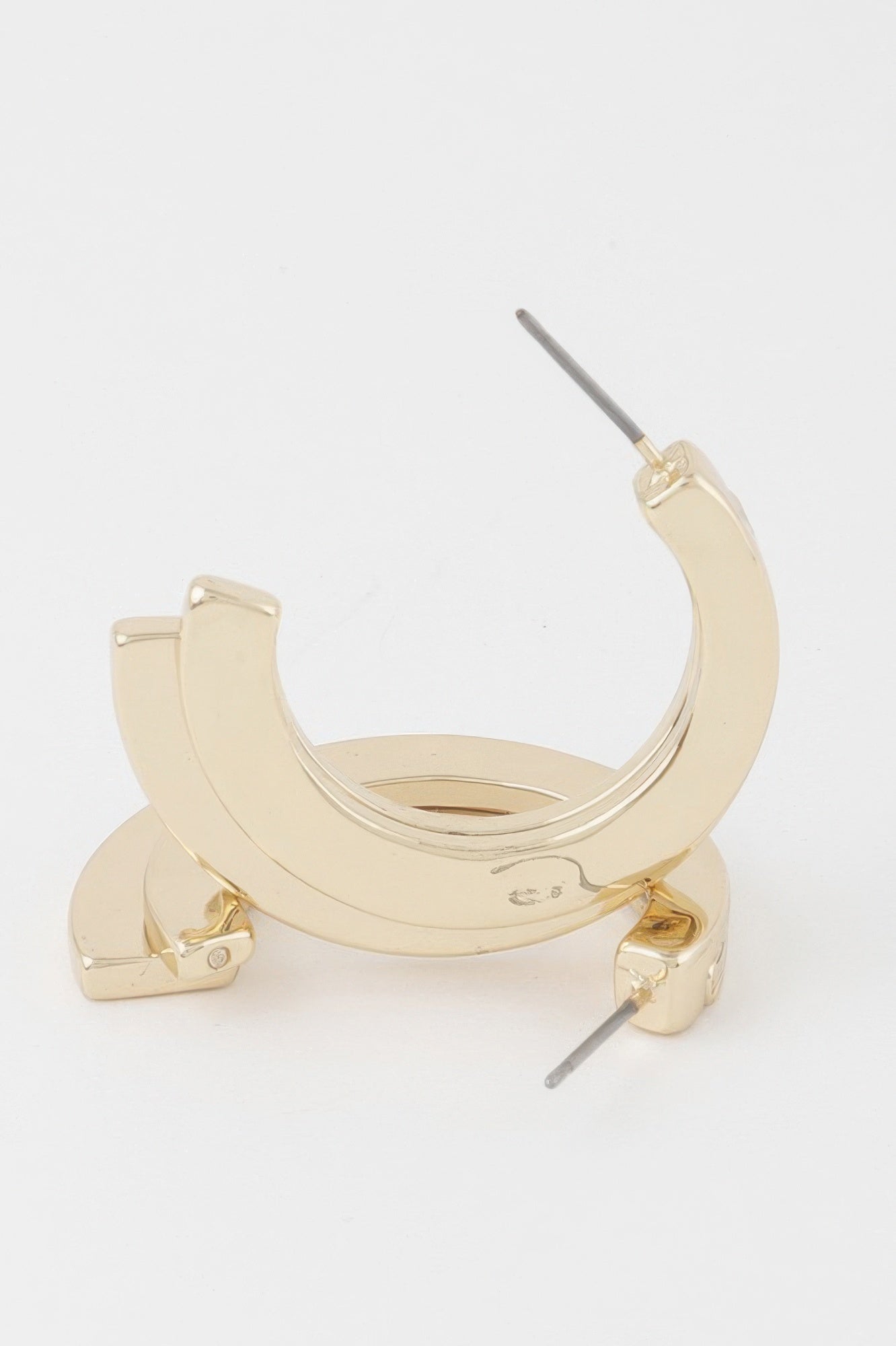 Gold Double Flayed Hoop Earrings, front view with hinge posts and clasp details