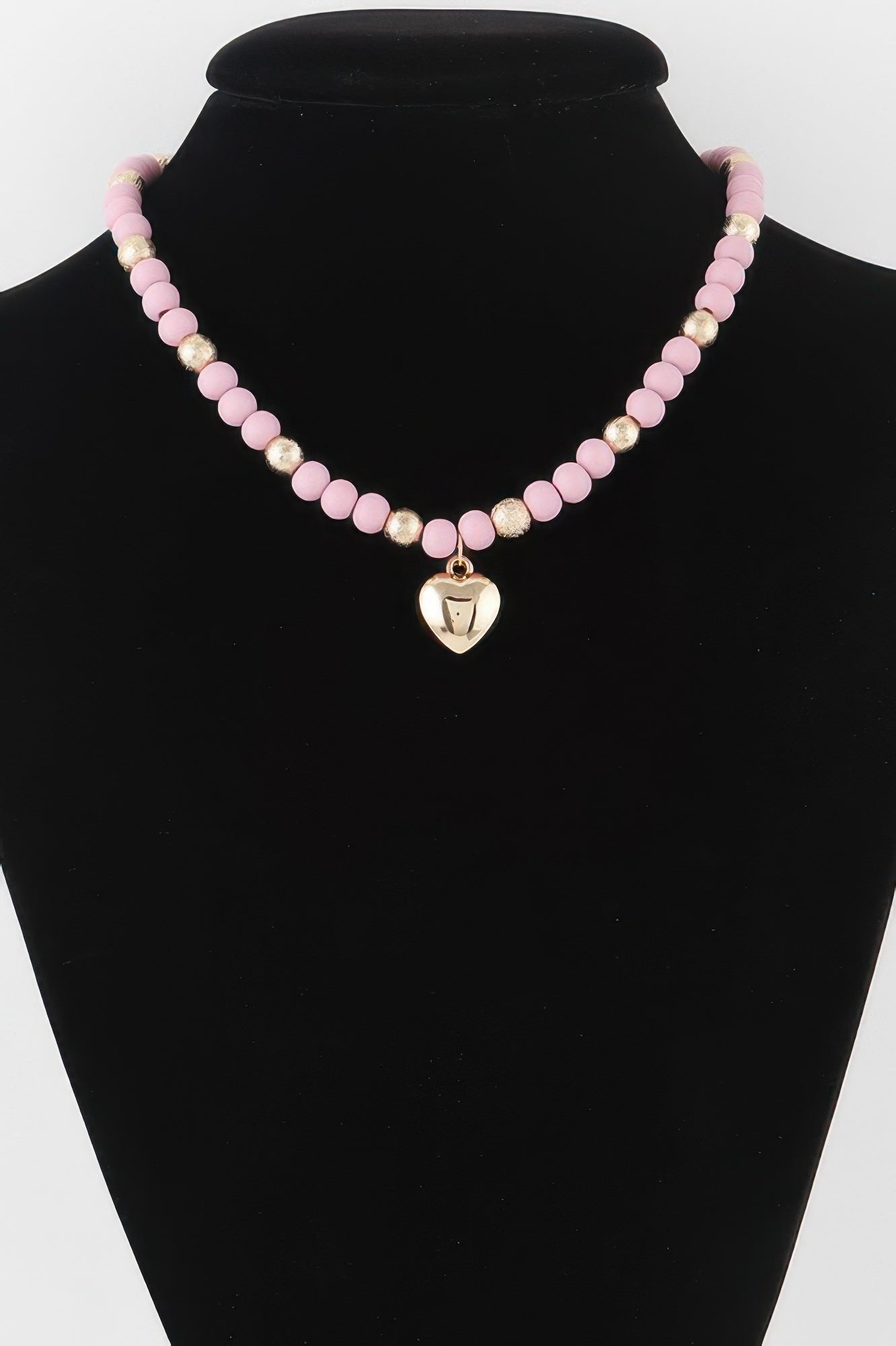 Pink beaded heart necklace with gold-tone heart pendant