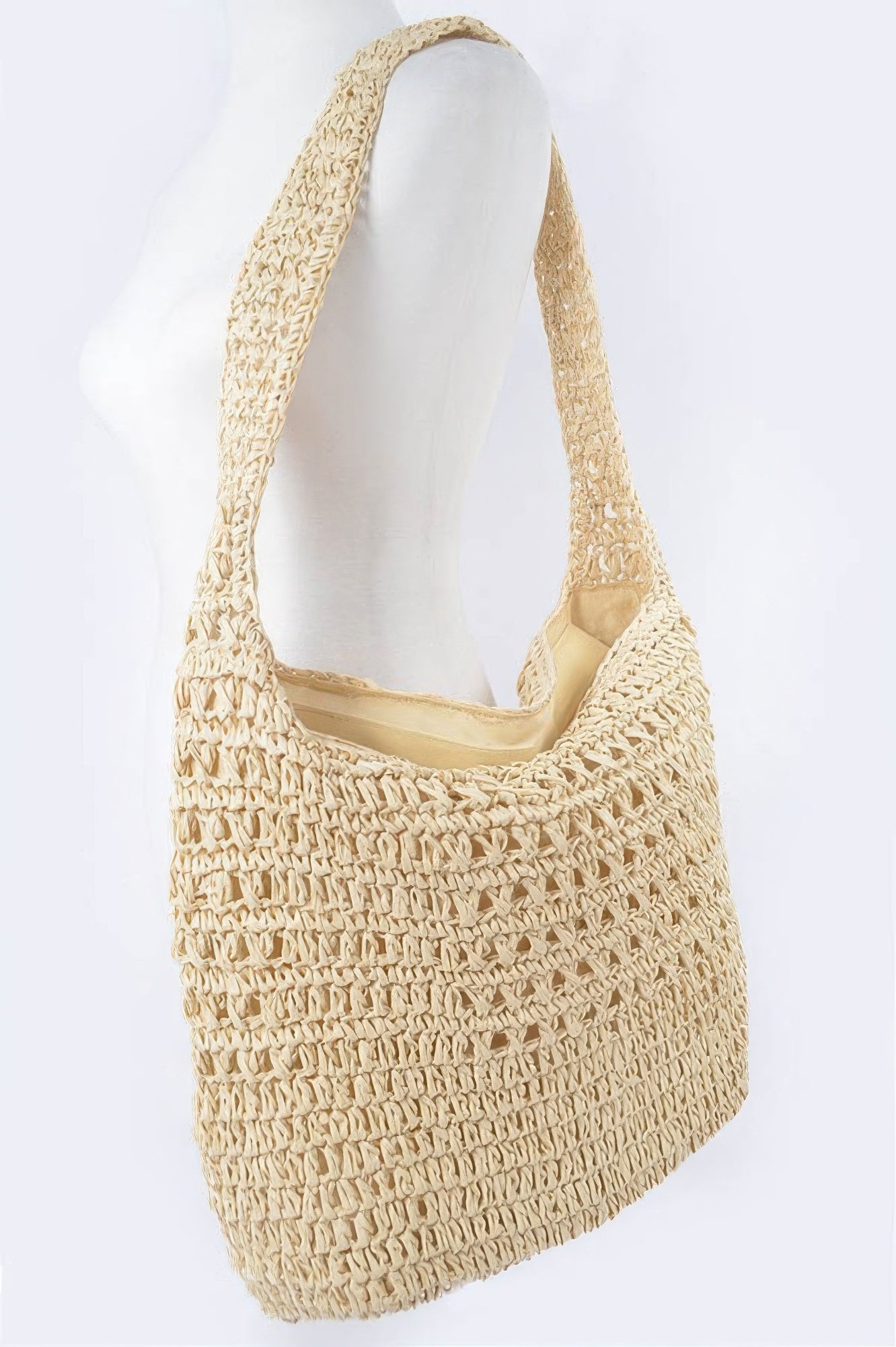 Oversized faux-straw shoulder bag, ivory, woven hobo silhouette