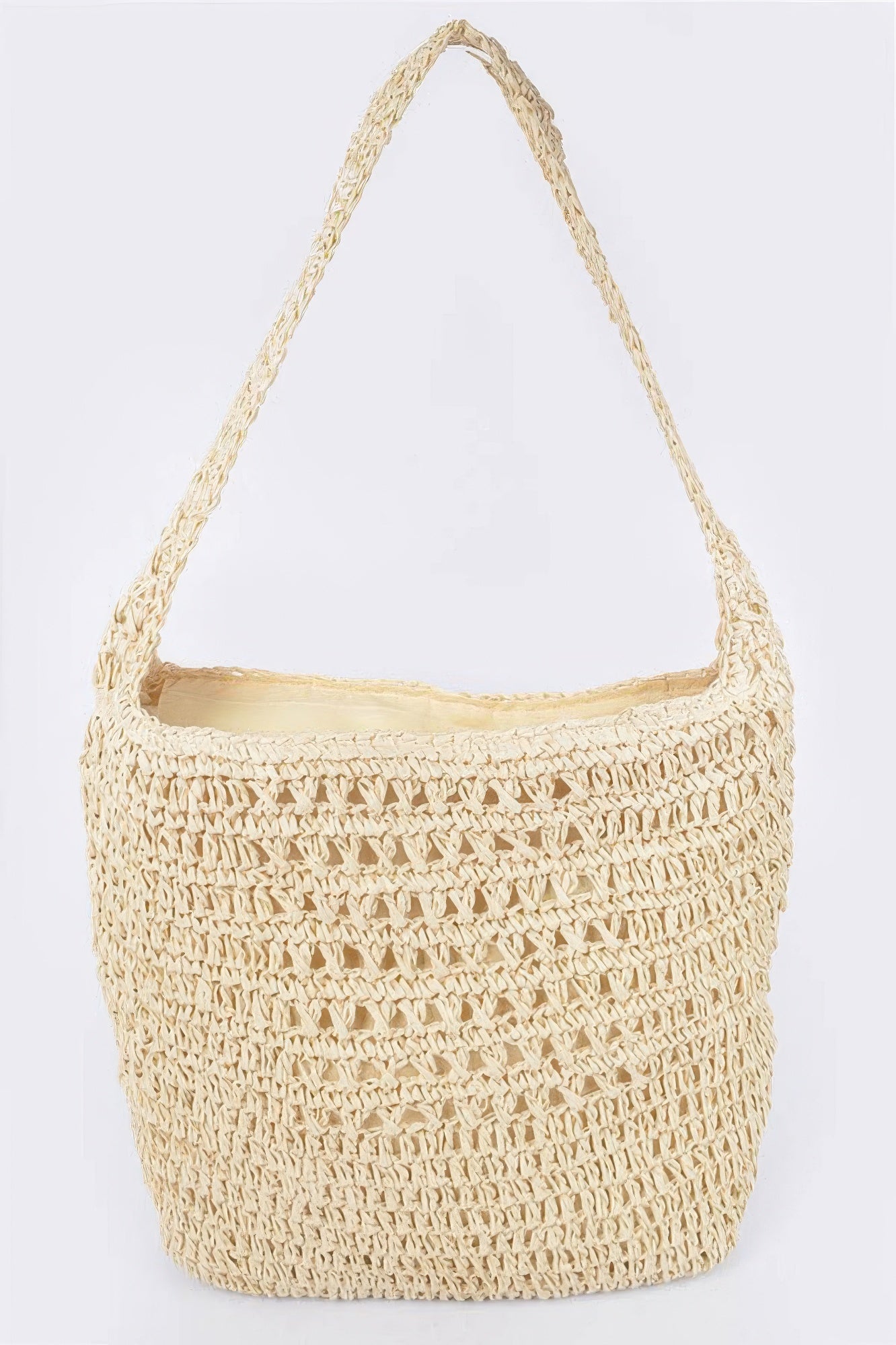 Ivory faux-straw shoulder bag with curved handles and open hobo shape