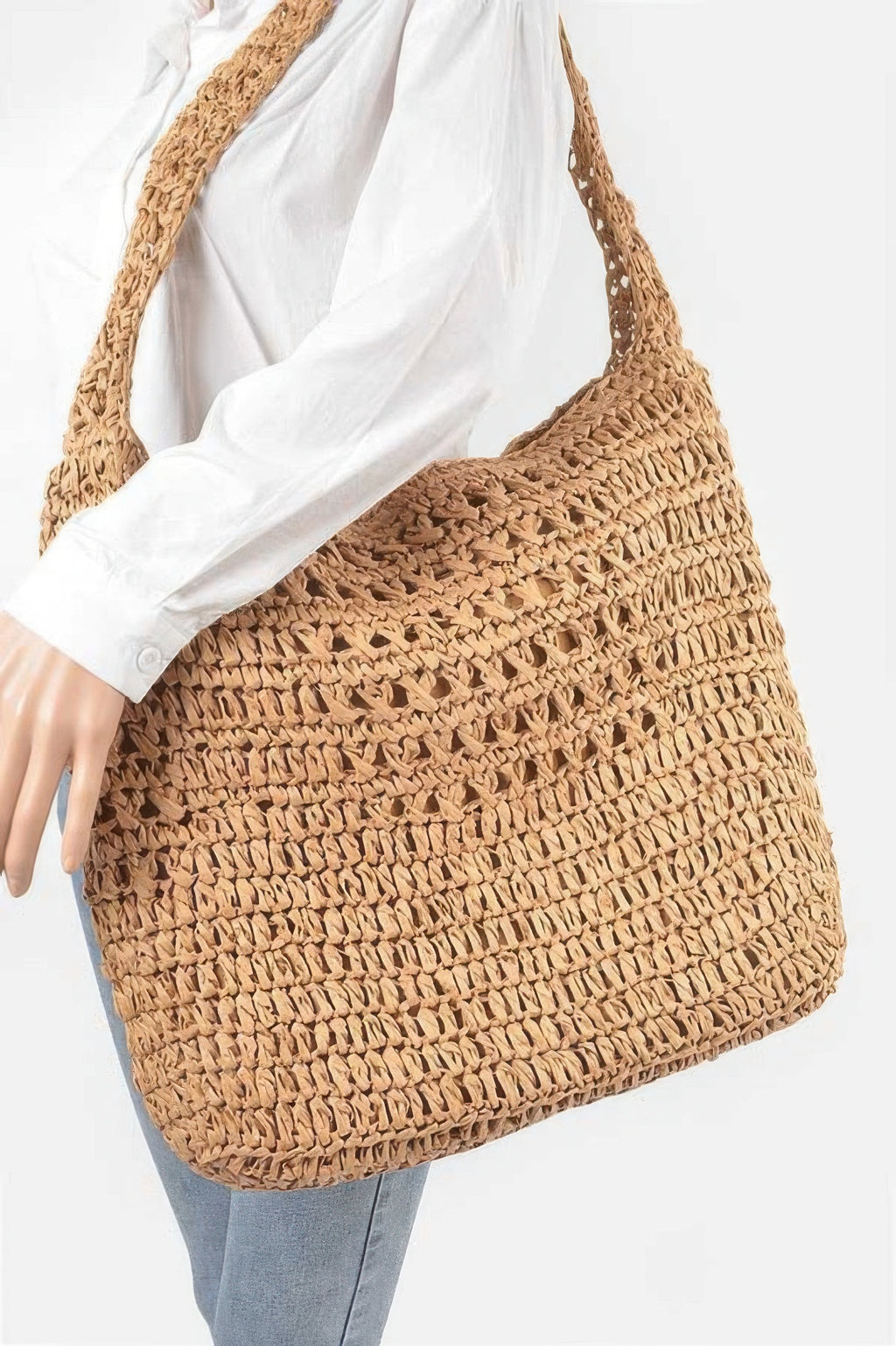Khaki faux-straw oversized shoulder bag with open top and textured weave