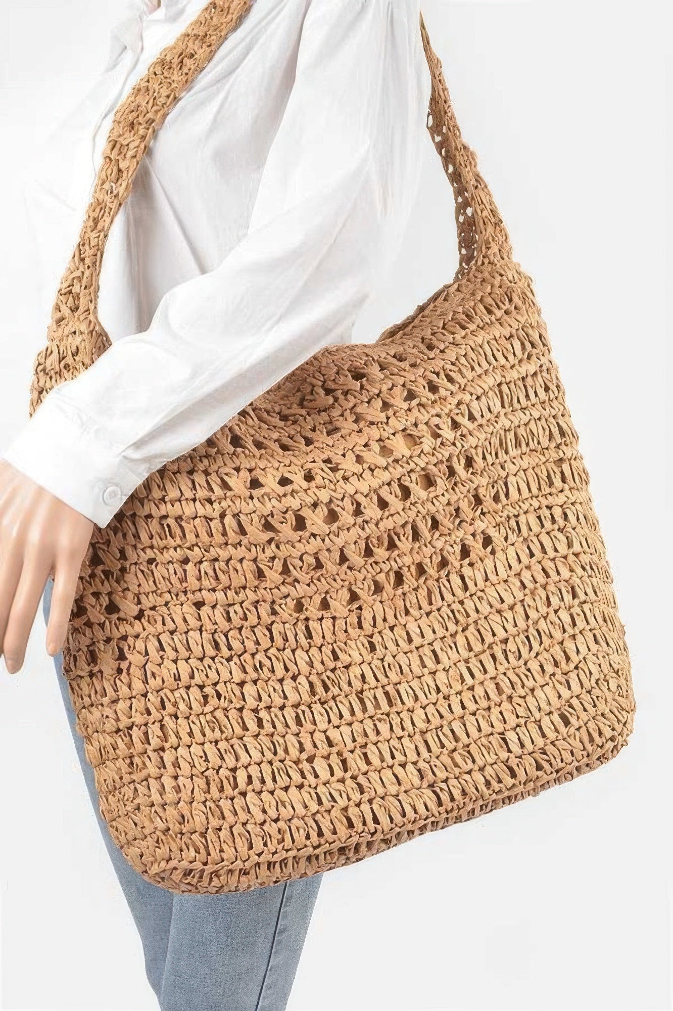 Khaki faux-straw oversized shoulder bag with open top and textured weave