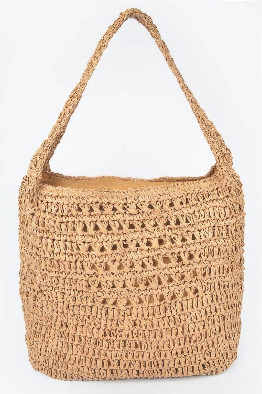 Khaki faux-straw shoulder bag, rounded hobo shape, wide single strap