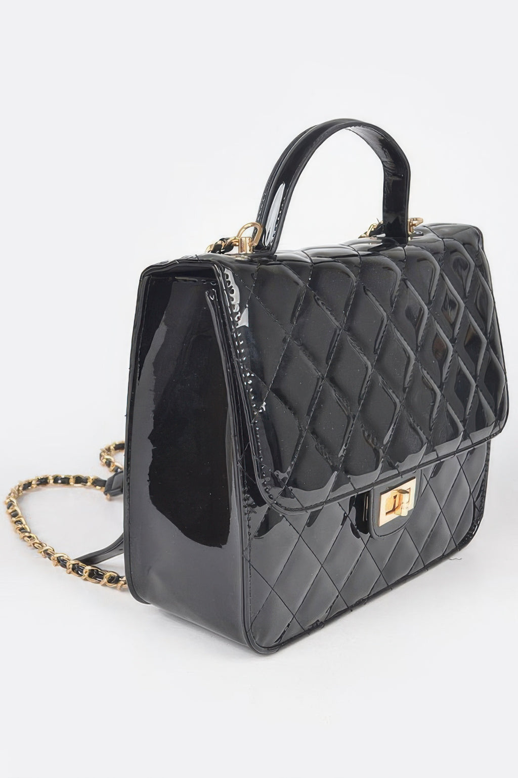 Black quilted enamel backpack with structured sides, gold hardware, chain shoulder strap