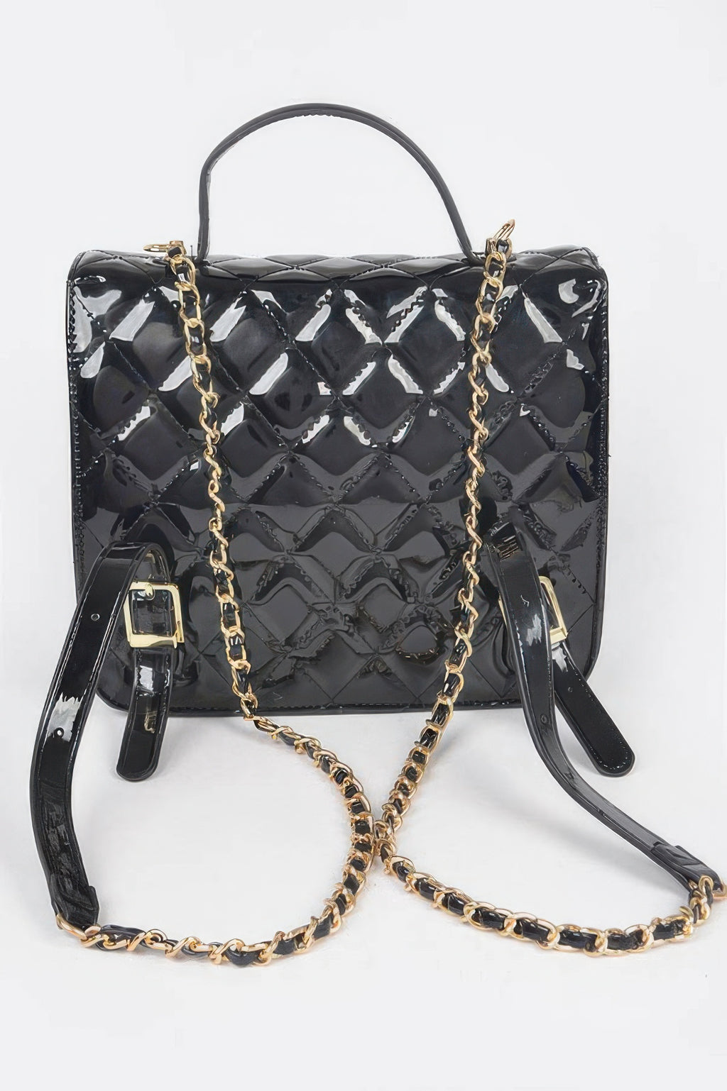 Black quilted enamel backpack front view with dual straps and gold-tone chain detail