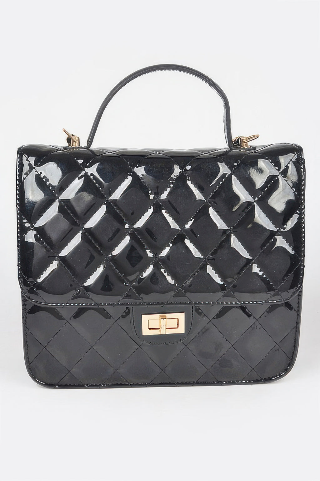 Black quilted enamel backpack with front clasp plate and quilted diamond panels