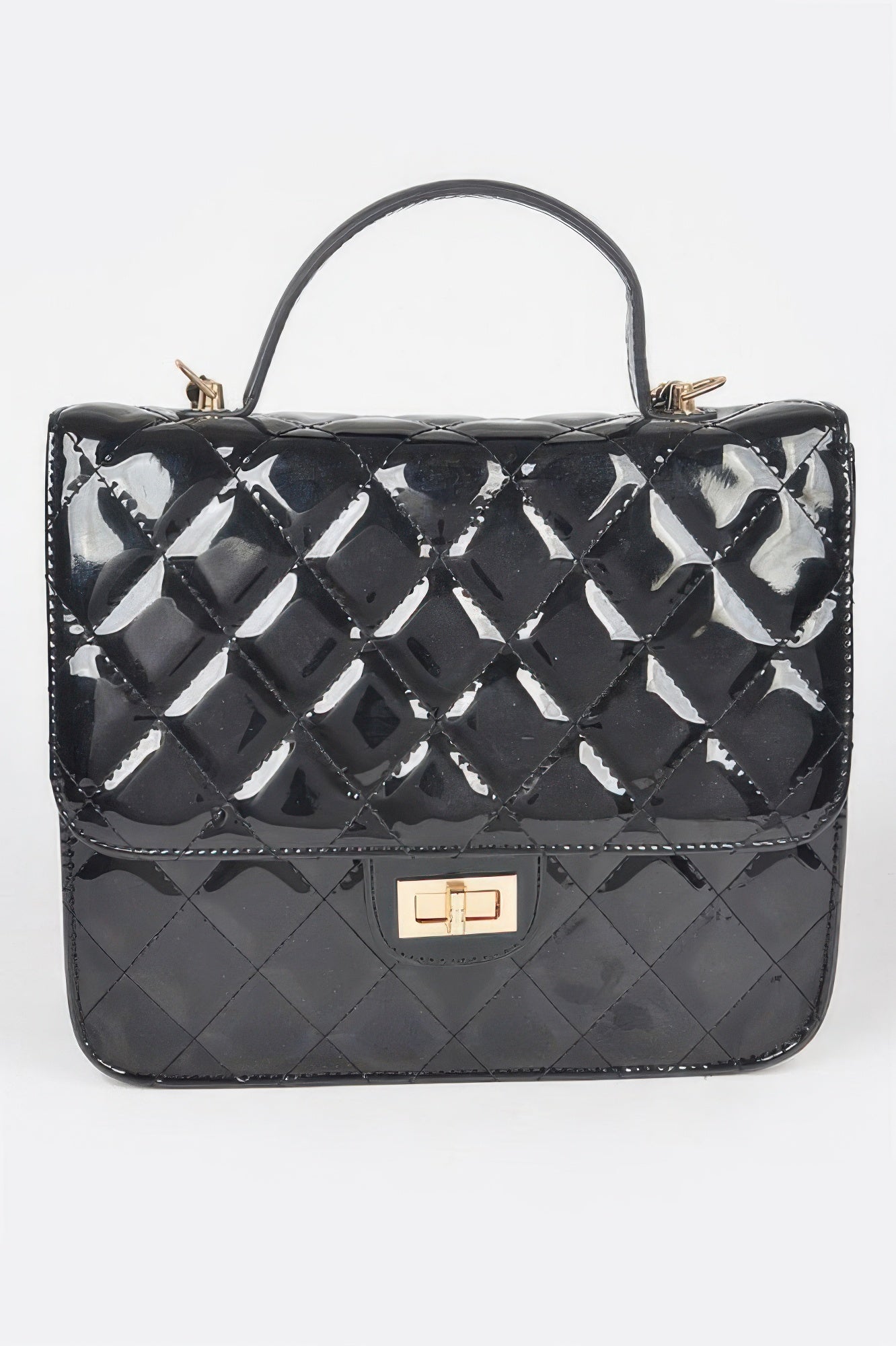 Black quilted enamel backpack with front clasp plate and quilted diamond panels