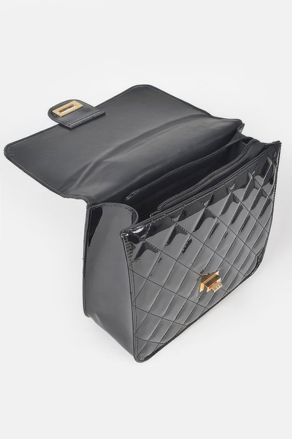 Black quilted enamel backpack open-looks design with front zipper and gold hardware