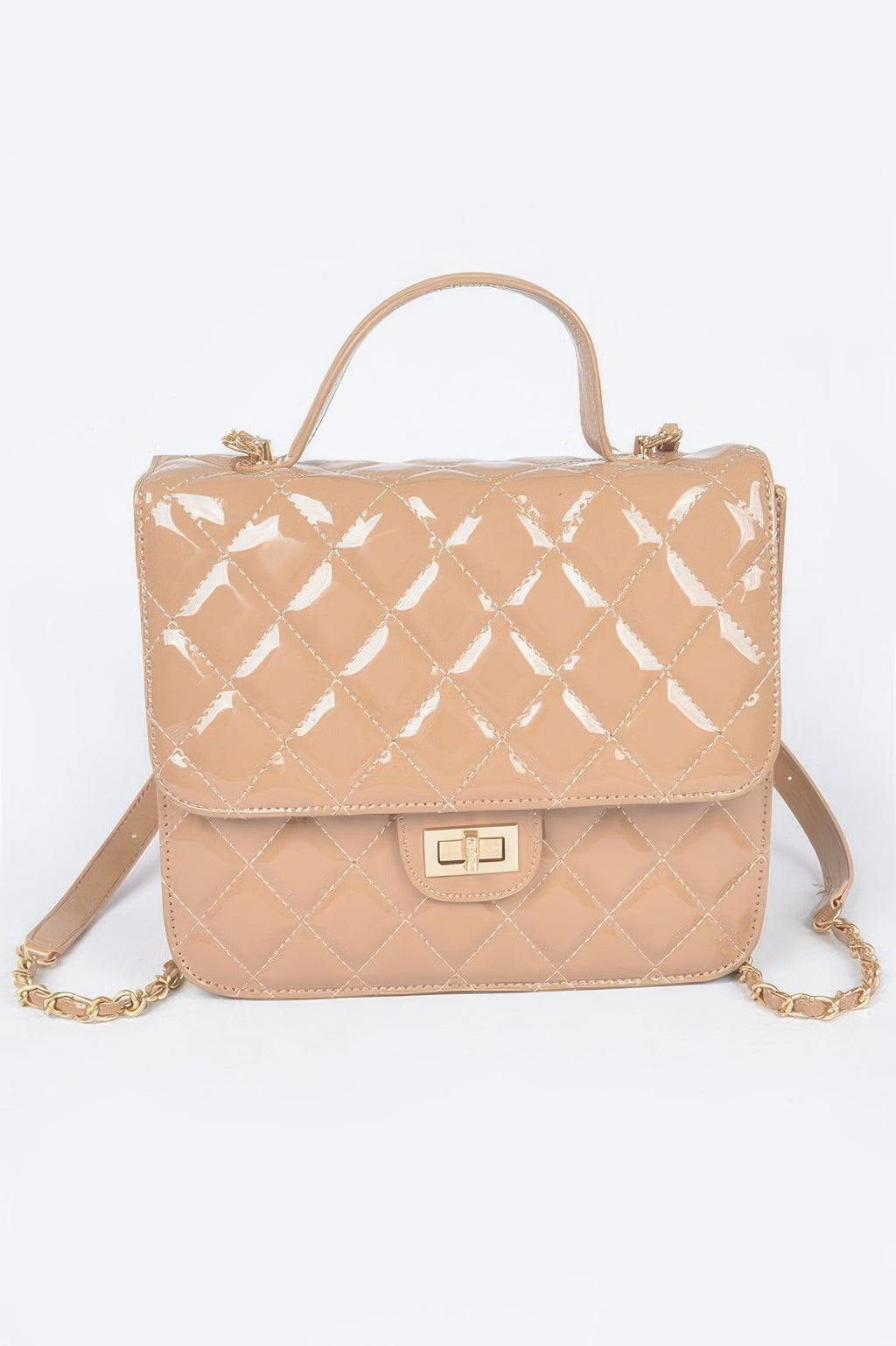 Khaki quilted enamel backpack with glossy diamond quilting, top handle, and gold clasp