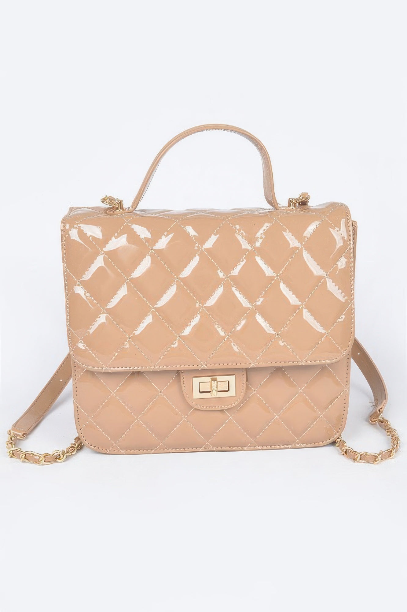 Khaki quilted enamel backpack with glossy diamond quilting, top handle, and gold clasp