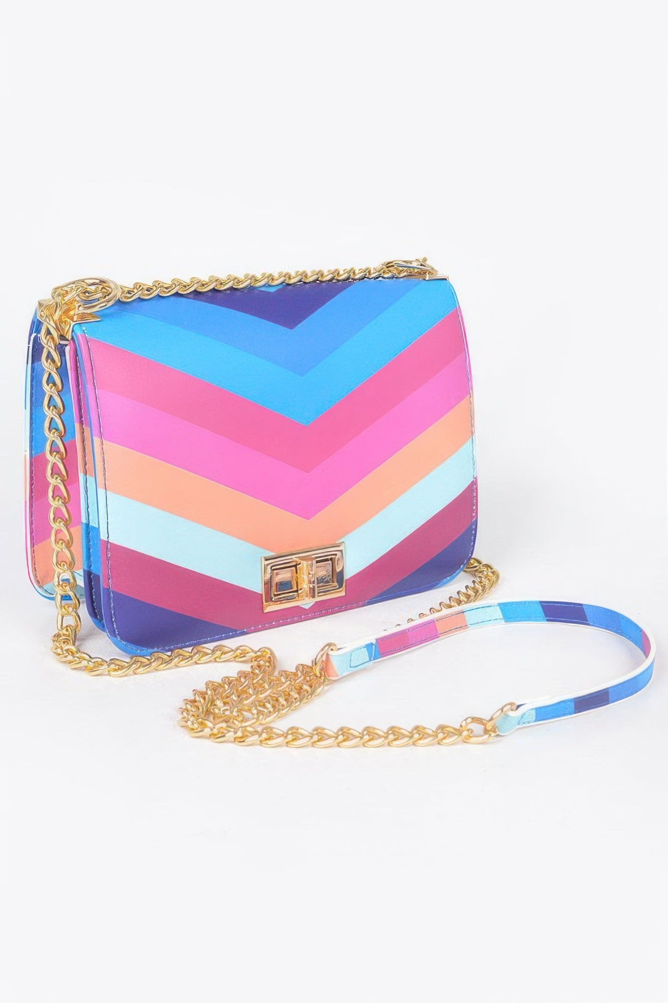 Multicolor chevron flap chain shoulder bag with gold-tone clasp and long strap