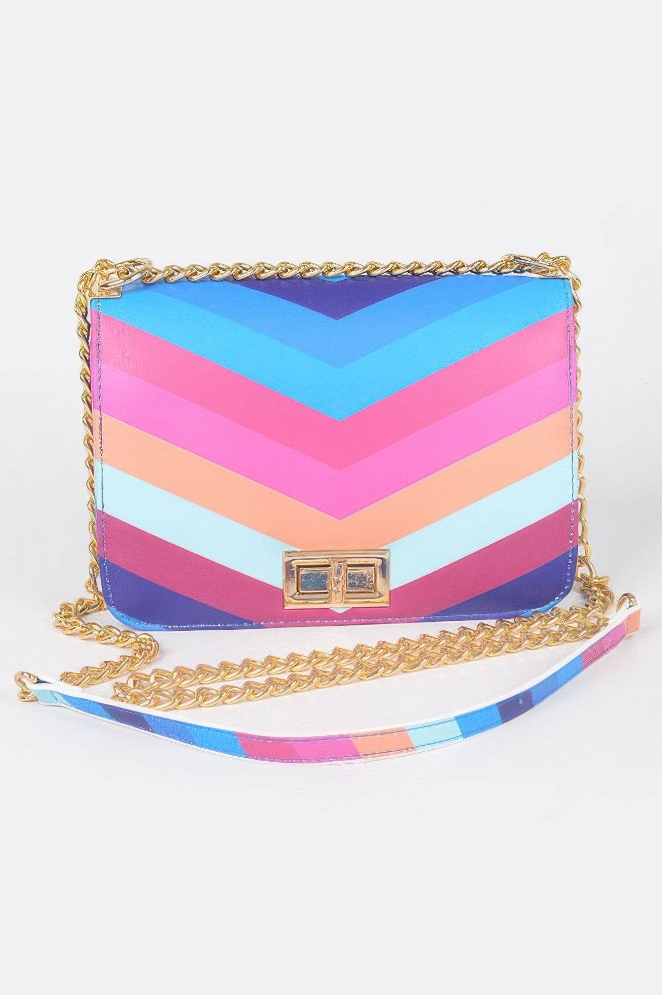 Multicolor chevron flap crossbody bag with gold chain strap and front clasp
