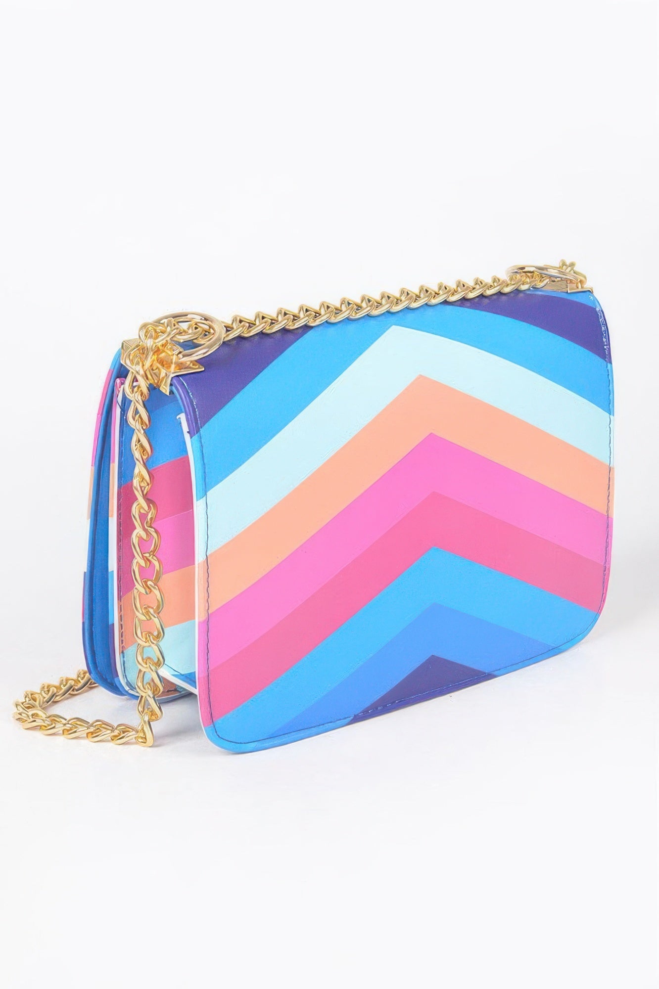 Multicolor chevron flap shoulder bag, side view, with gold chain strap