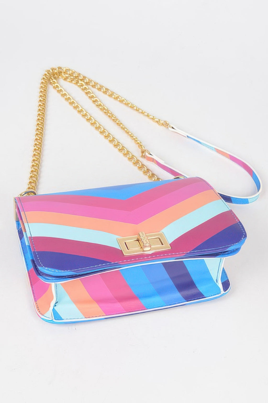 Multicolor chevron crossbody bag with gold chain strap and rectangular front clasp