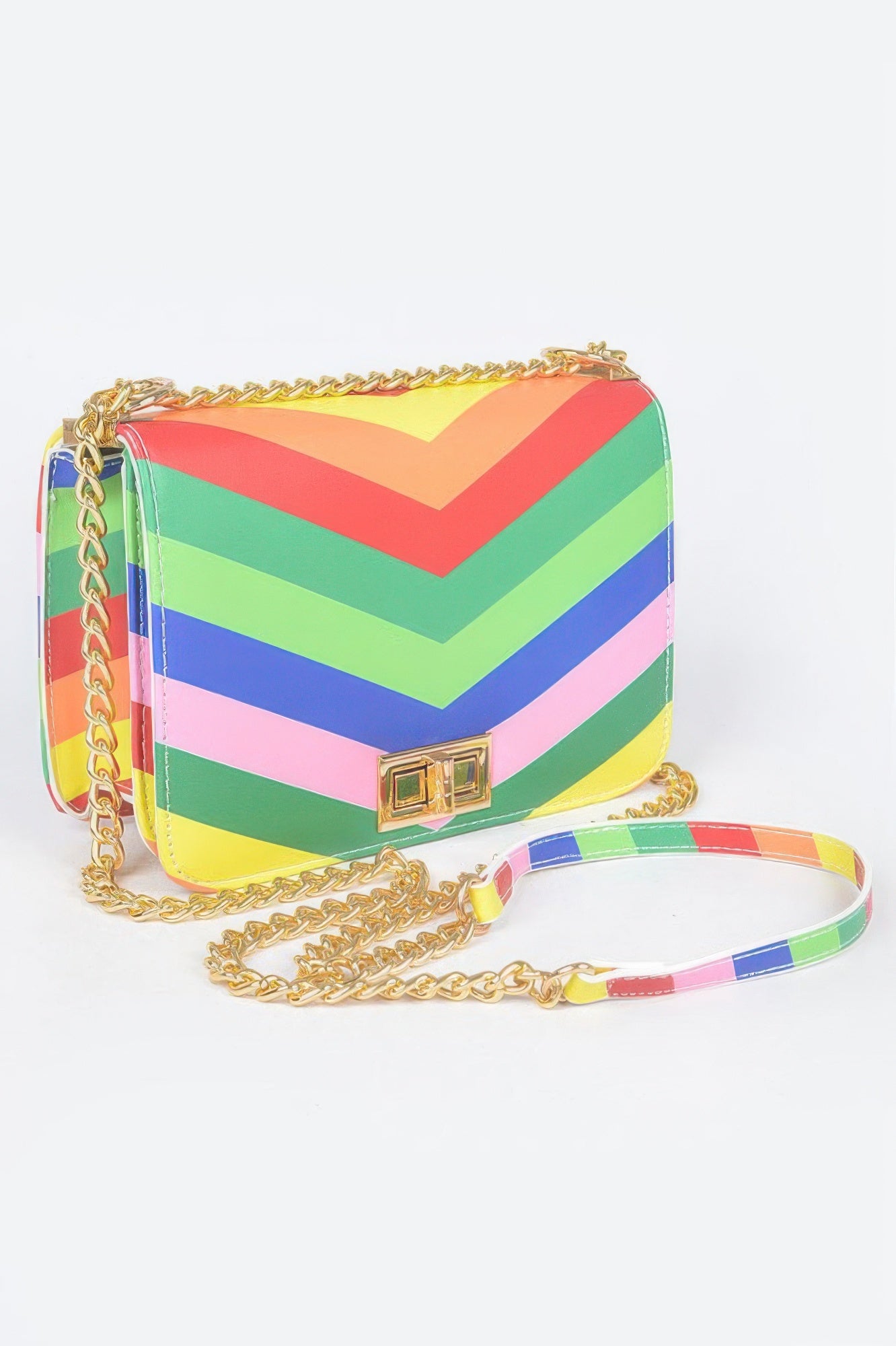 Multicolor chevron flap chain shoulder bag with yellow base and gold clasp