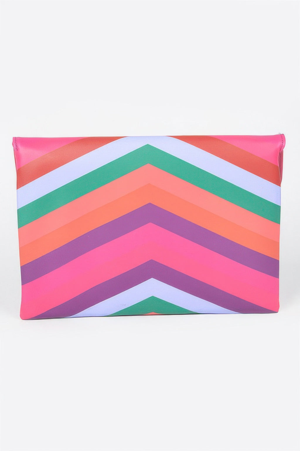 Clutch rectangular tipo sobre multicolor con solapa, chevron rosa, lila, verde y azul
