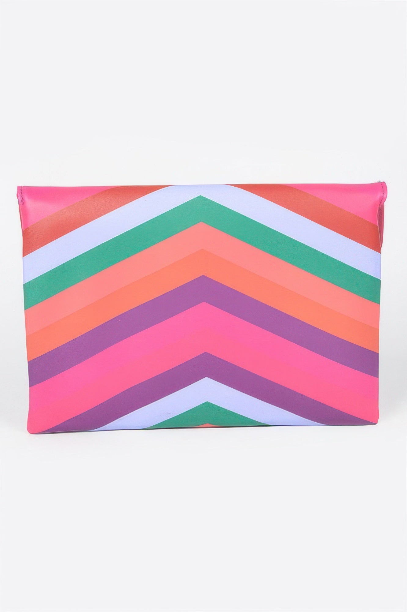 Clutch rectangular tipo sobre multicolor con solapa, chevron rosa, lila, verde y azul