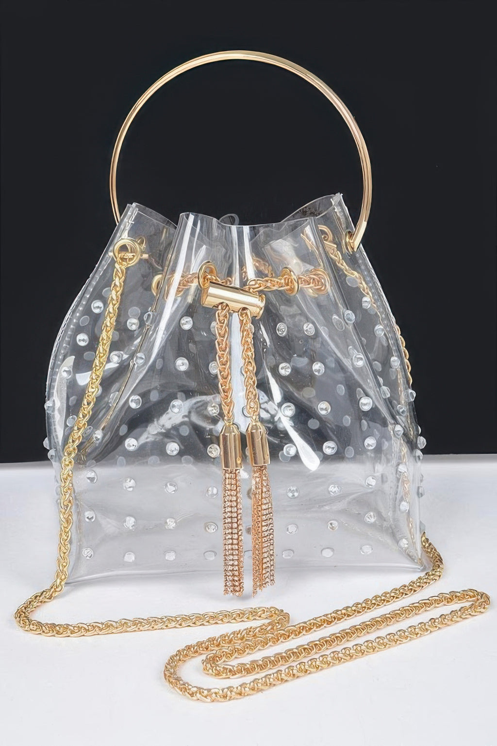 Faux pearl studded bucket bag with metal handle, clear gold hardware and chain