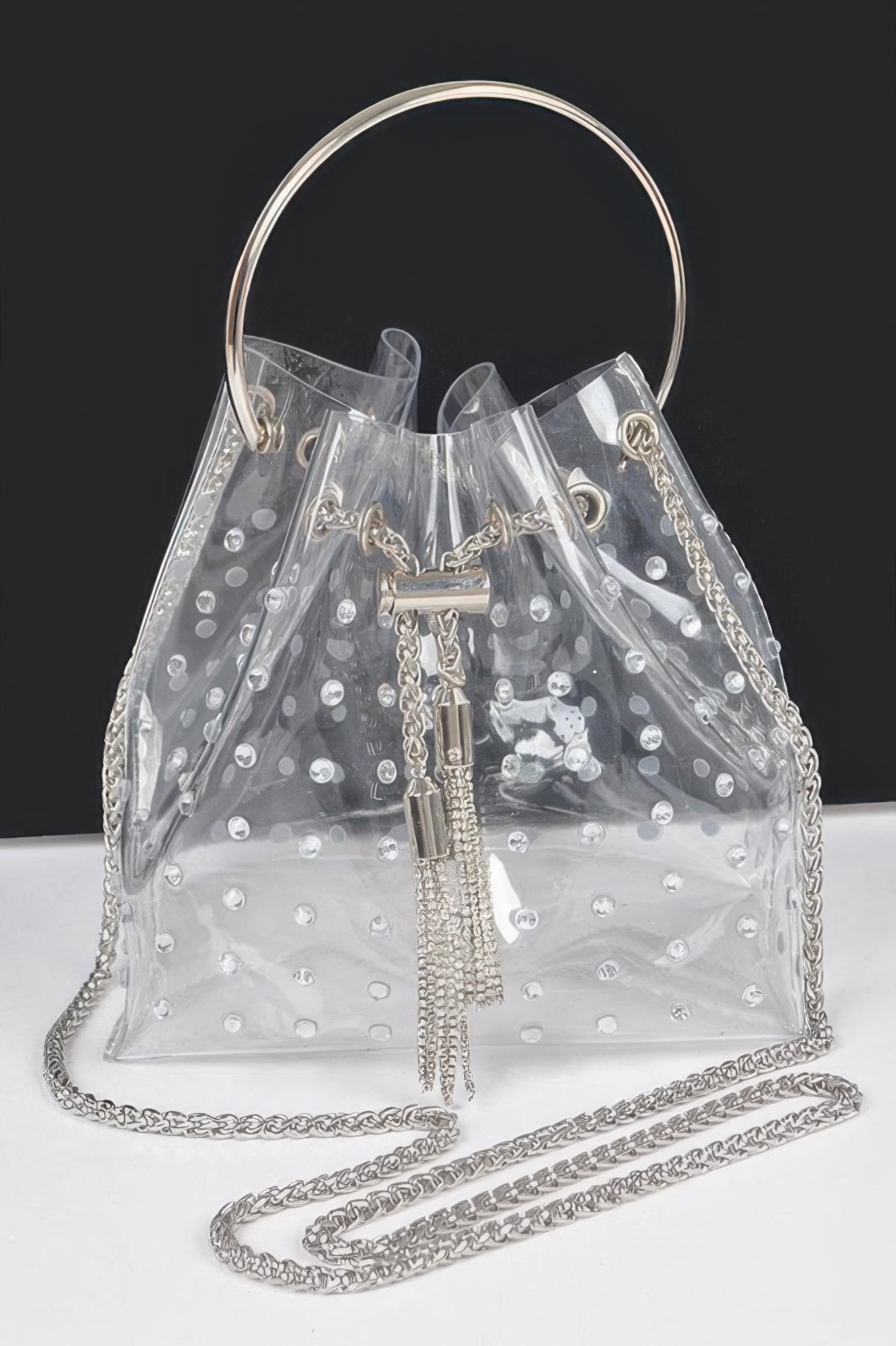 Faux pearl studded bucket bag with metal handle and crossbody chain, clear gold hardware
