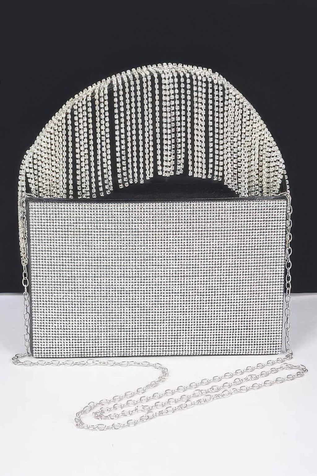 Rhinestone box clutch with clear stones and rhinestone fringe handle