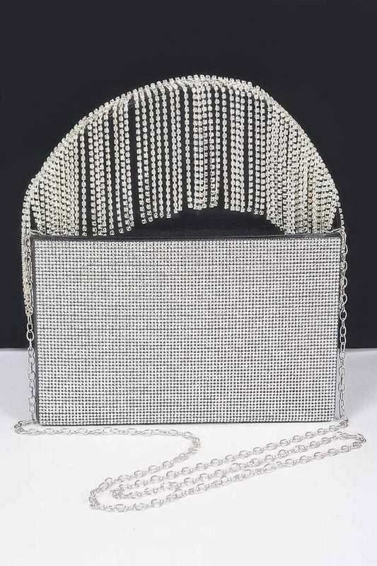 Rhinestone Box Clutch W/rhinestone Fringe Handle - Tigbul's Variety Fashion Shop