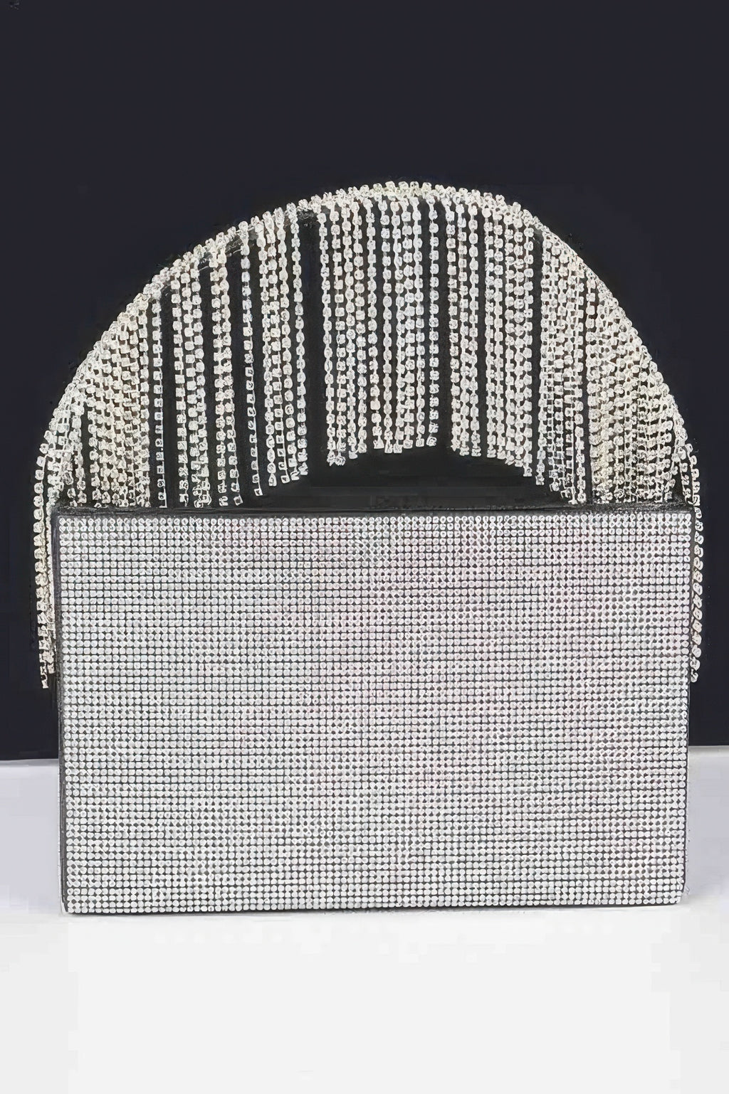Rhinestone box clutch with clear crystal all-over surface and structured box front