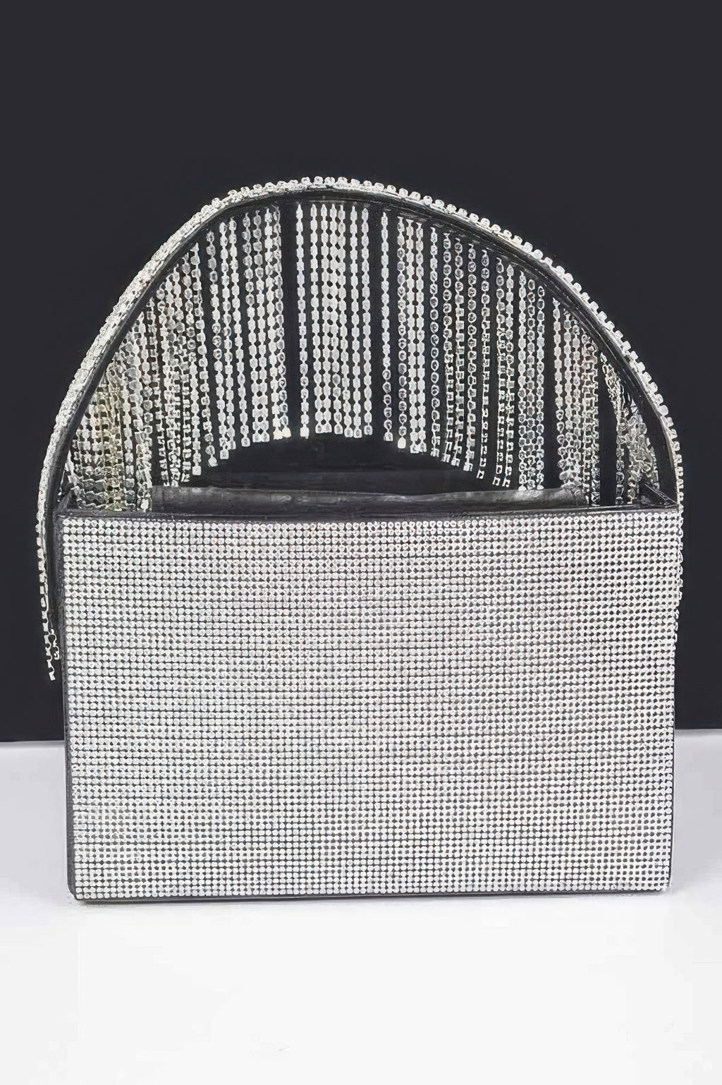 Rhinestone box clutch front view with clear rhinestone fringe top