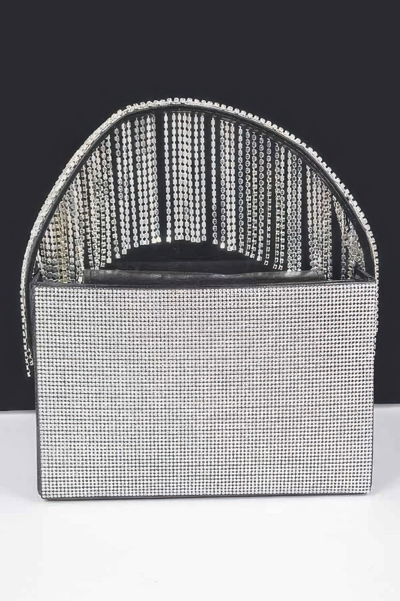 Rhinestone box clutch front view with clear rhinestone fringe top