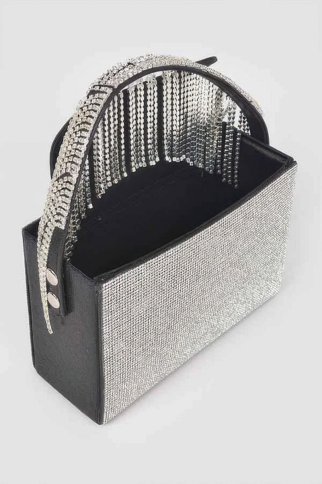 Rhinestone box clutch with clear crystal exterior and curved handle opening