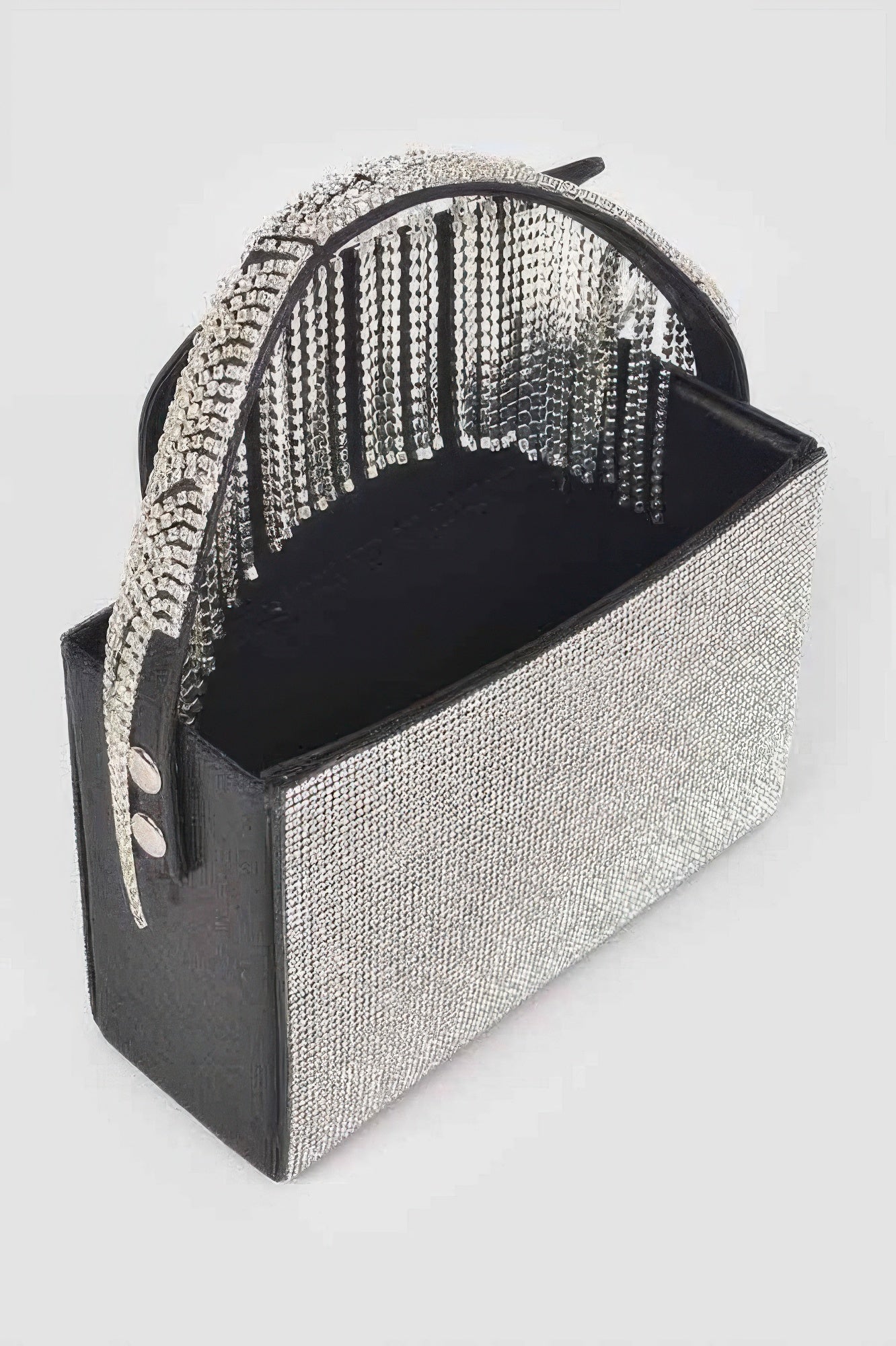 Rhinestone box clutch with clear crystal exterior and curved handle opening