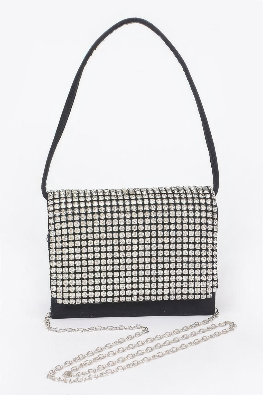 Black faux suede rhinestone crossbody with wide silver-studded flap and chain strap