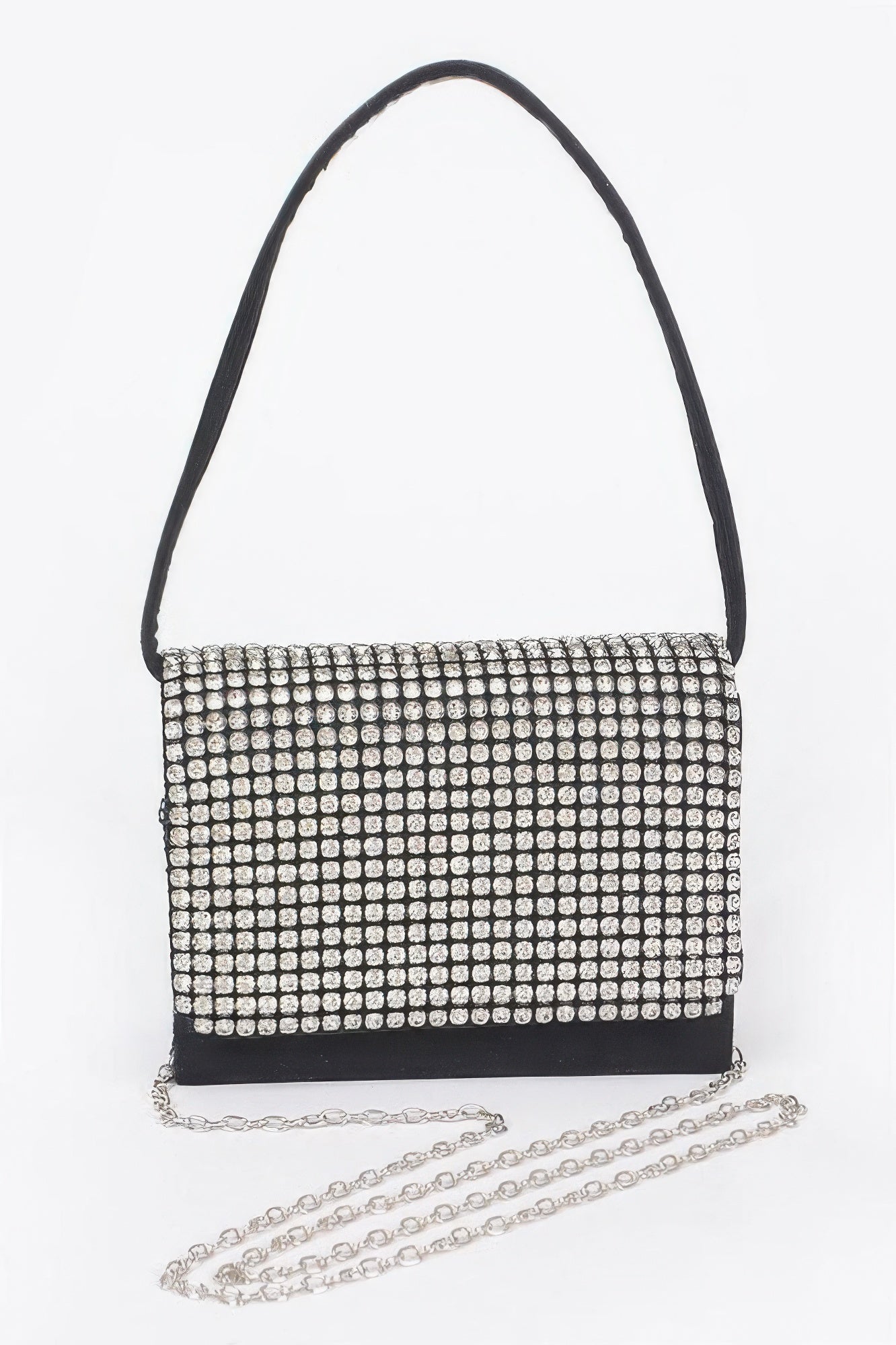 Black faux suede rhinestone crossbody with wide silver-studded flap and chain strap