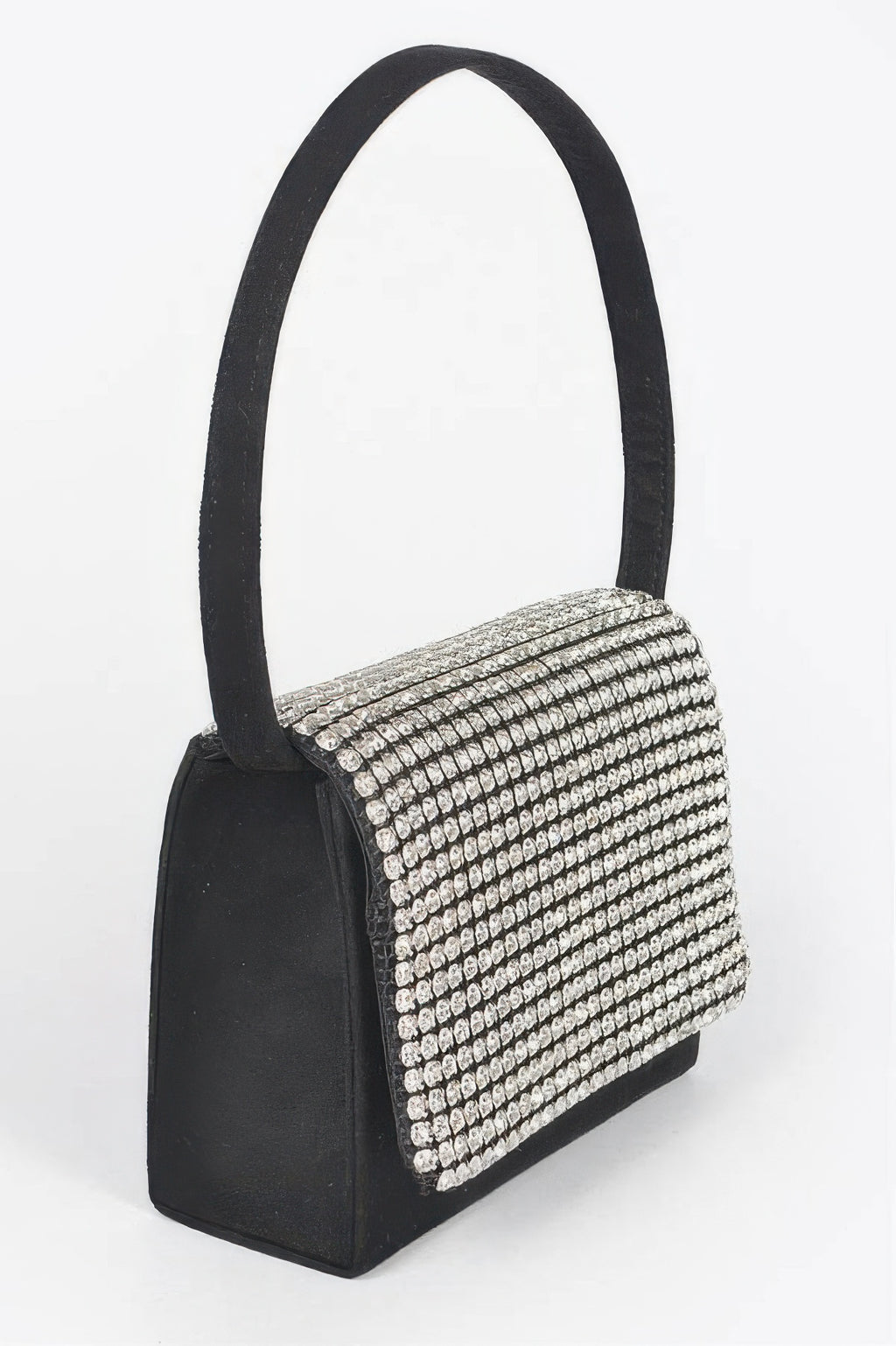 Black faux suede crossbody with silver rhinestone top flap and shoulder strap