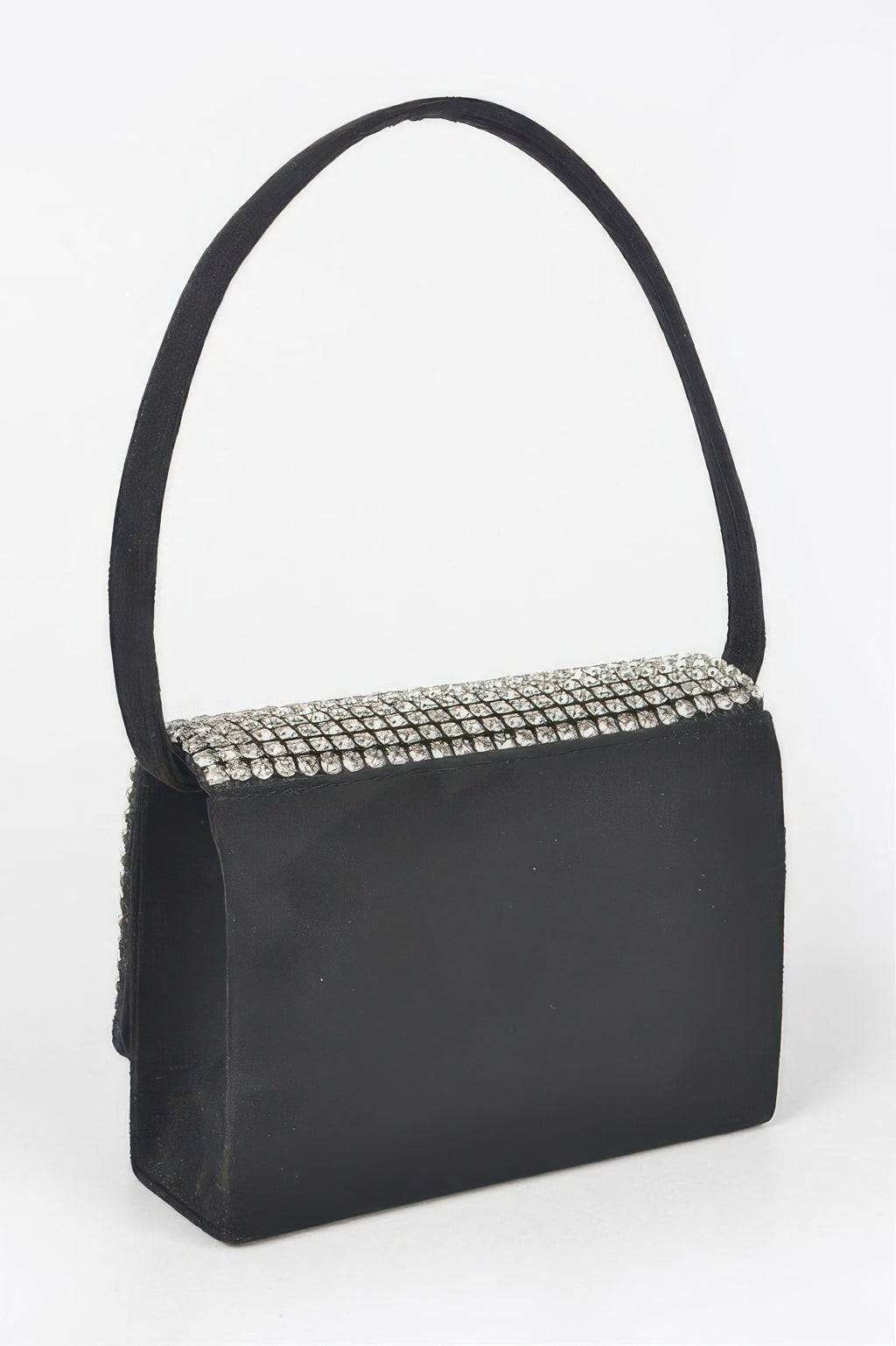 Black rectangular crossbody with silver rhinestone trim along the top flap