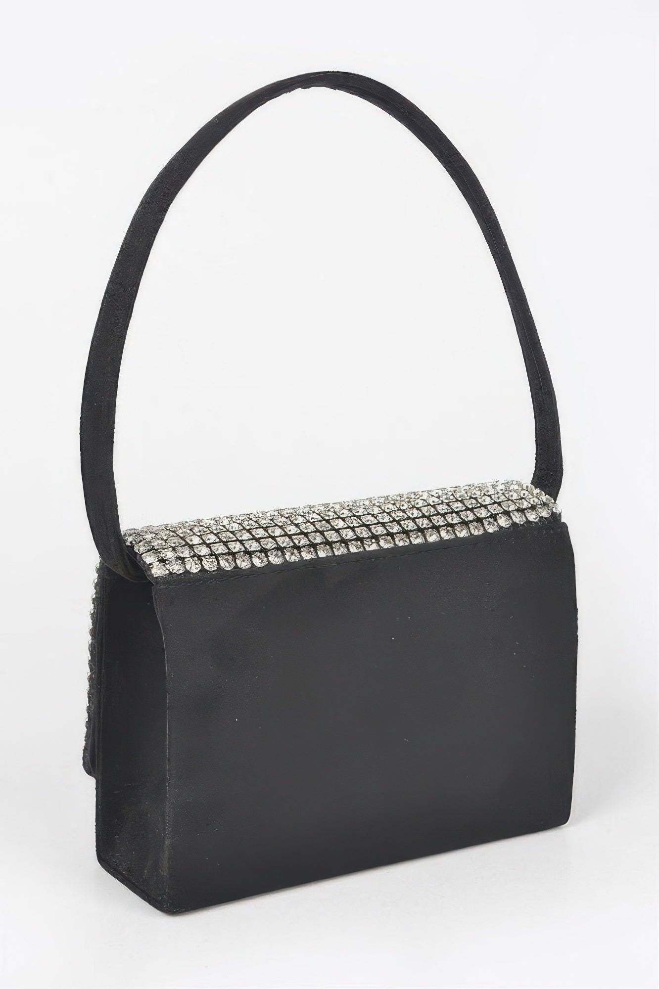 Black rectangular crossbody with silver rhinestone trim along the top flap