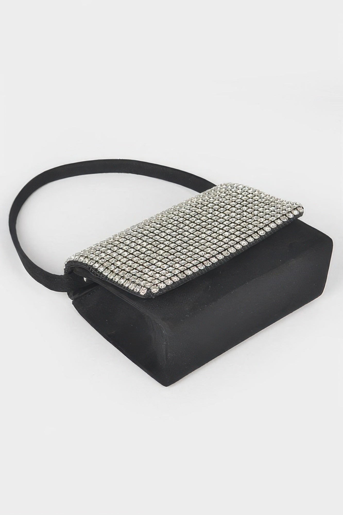 Black crossbody with silver rhinestone top band and curved handle strap