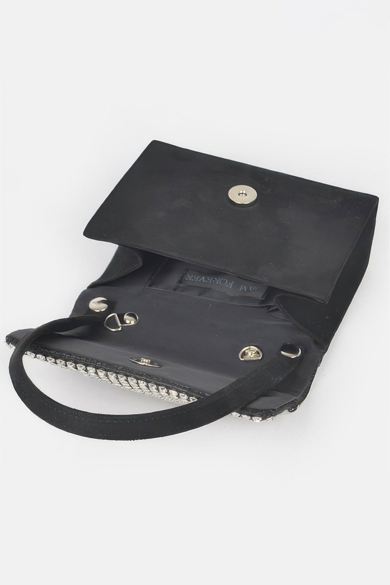 Open black rhinestone crossbody with flap, snap closure, and chain strap