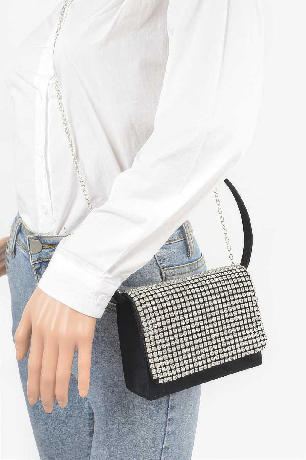 Black faux suede crossbody with silver rhinestone front and long chain strap