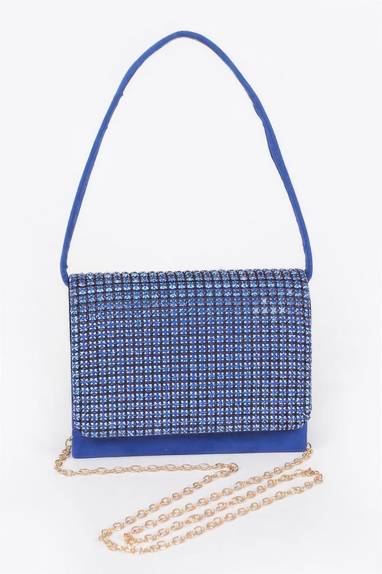 Cobalt faux suede crossbody with all-over rhinestones and gold-tone chain strap