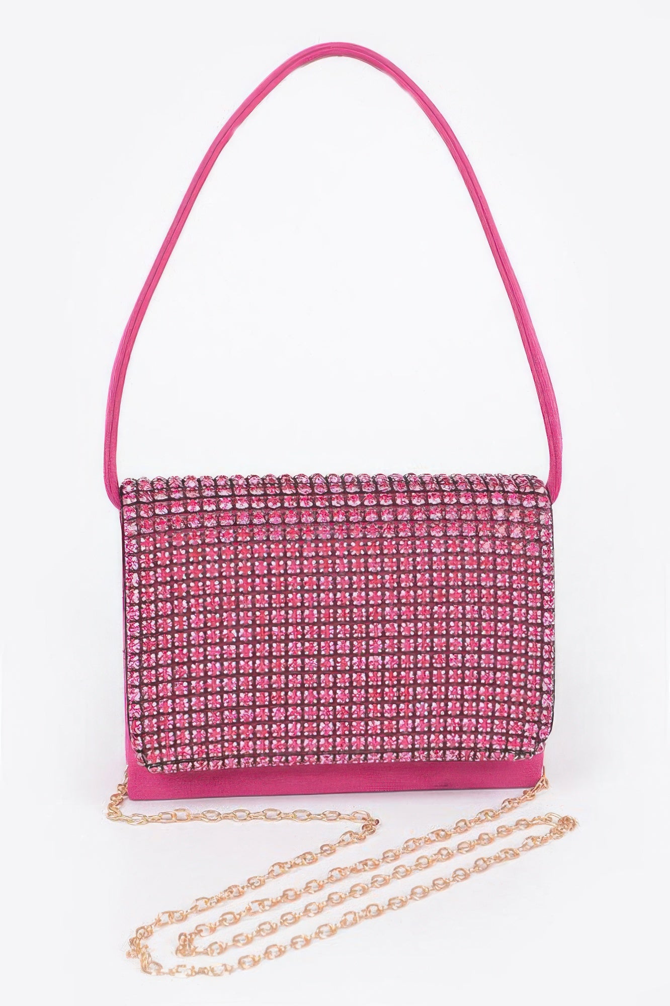 Fuchsia faux suede crossbody with all-over rhinestones and gold-tone chain strap