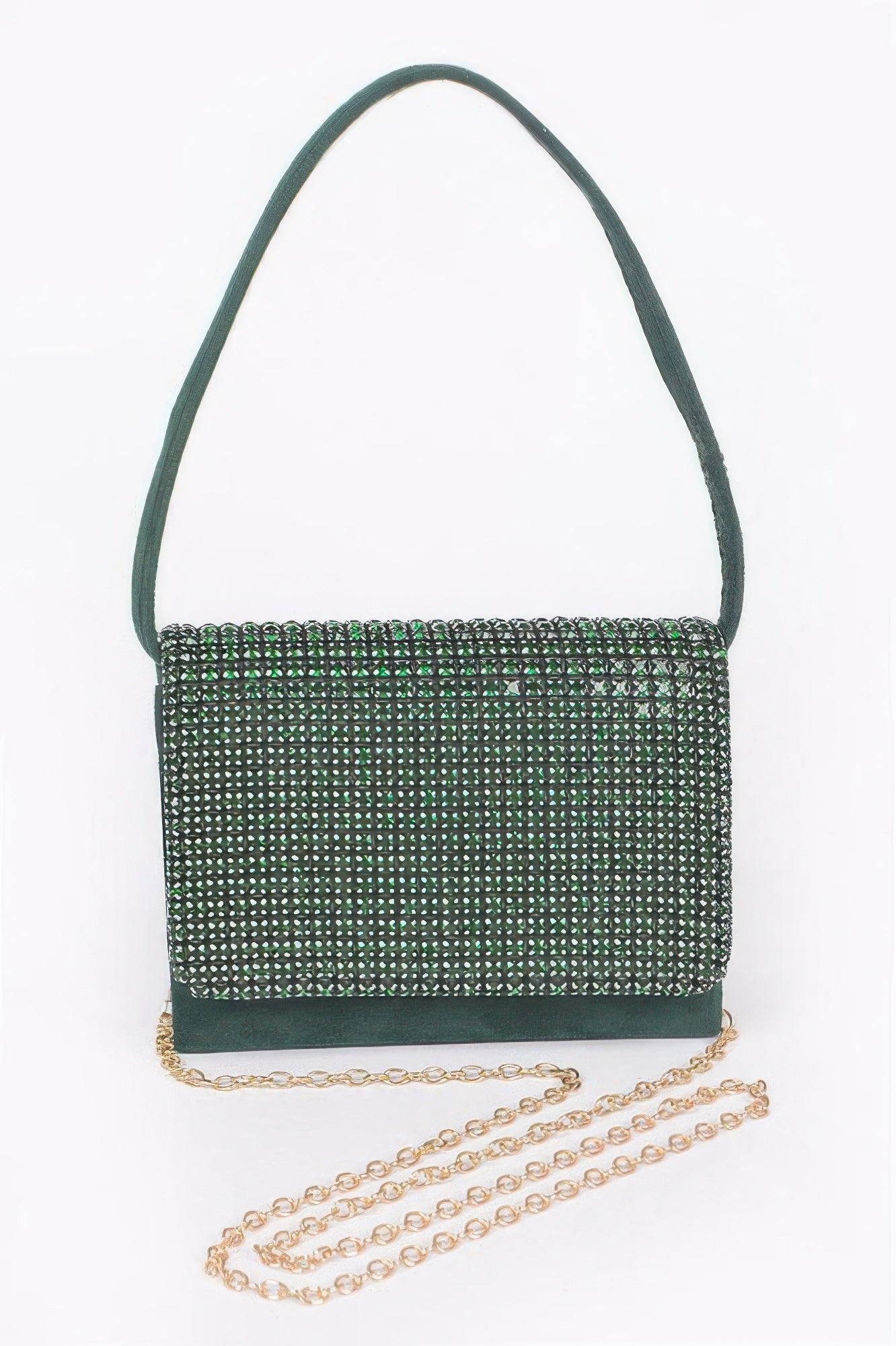 Green faux suede crossbody with all-over rhinestones and gold-tone chain strap