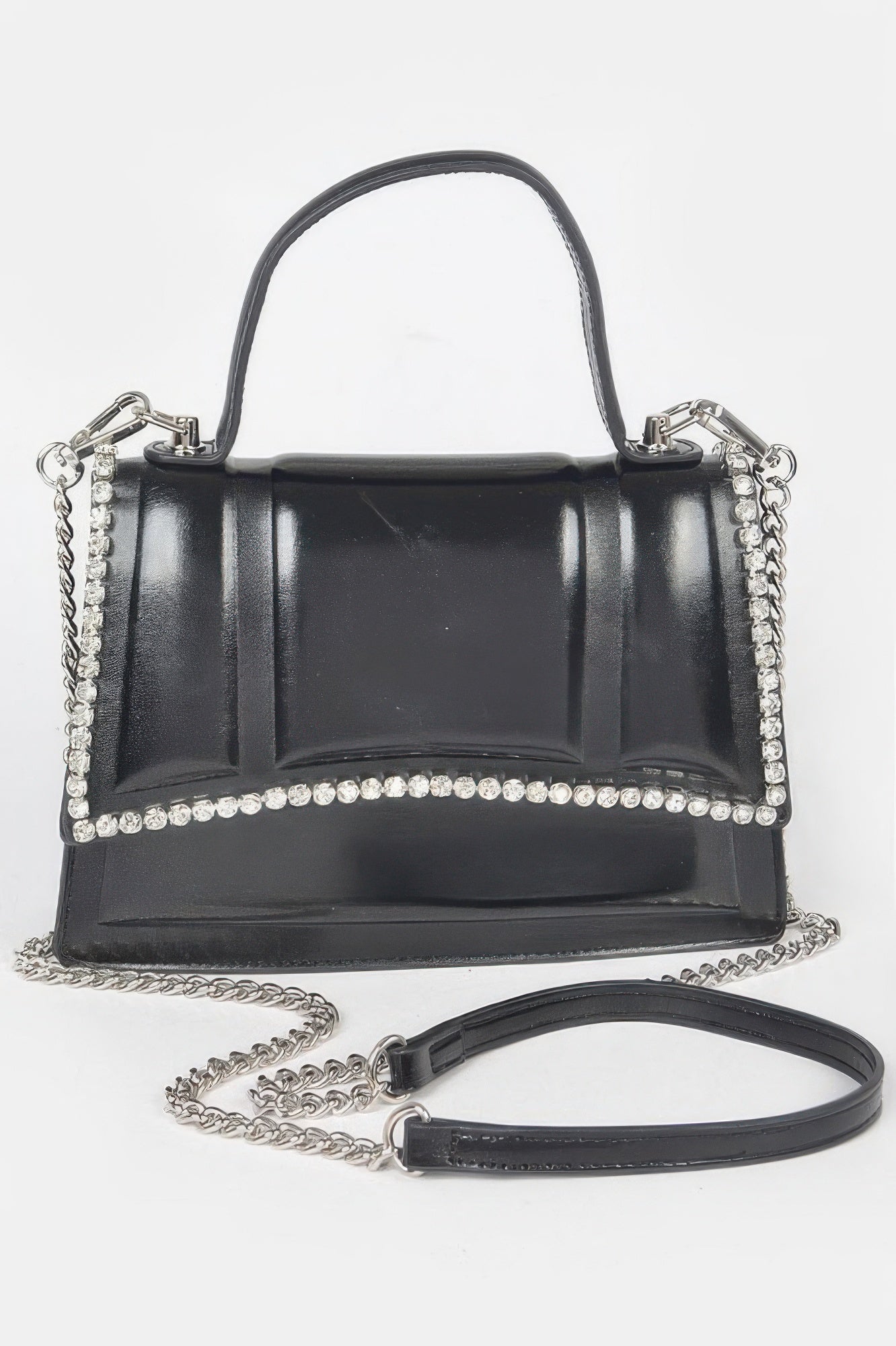 Metallic faux leather top-handle bag in black with rhinestone trim and chain strap